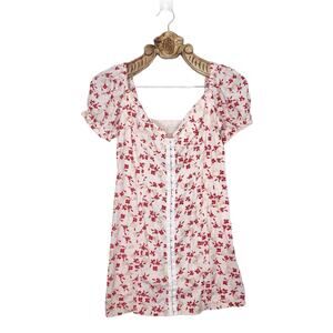 Urban Outfitters Puff Sleeve Cotton Mini Dress Fan Floral Pink Red Large